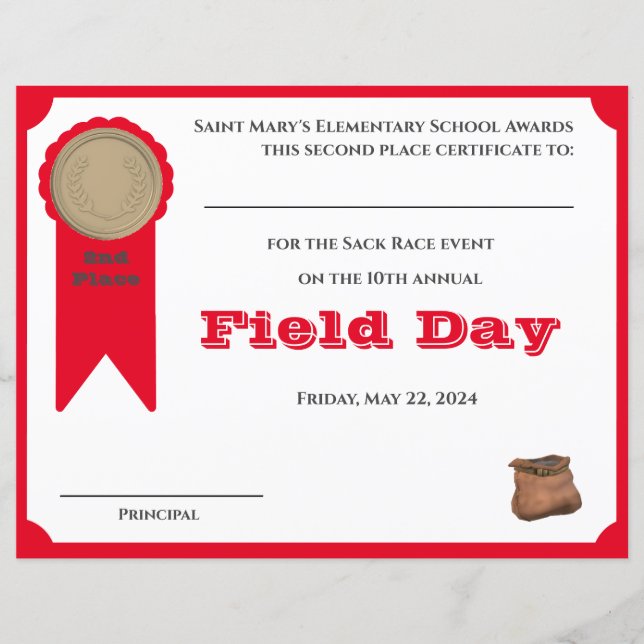 Certificat d'attribution de 2e place personnalisab (Devant)