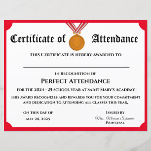 Certificat d'attribution d'une présence parfaite p