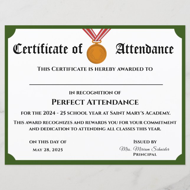 Certificat d'attribution d'une présence parfaite p (Devant)