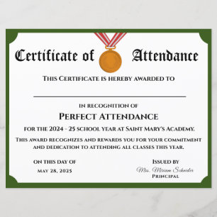 Certificat d'attribution d'une présence parfaite p