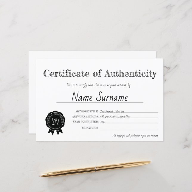 Certificat d'authenticité (Devant/Arrière en situation)