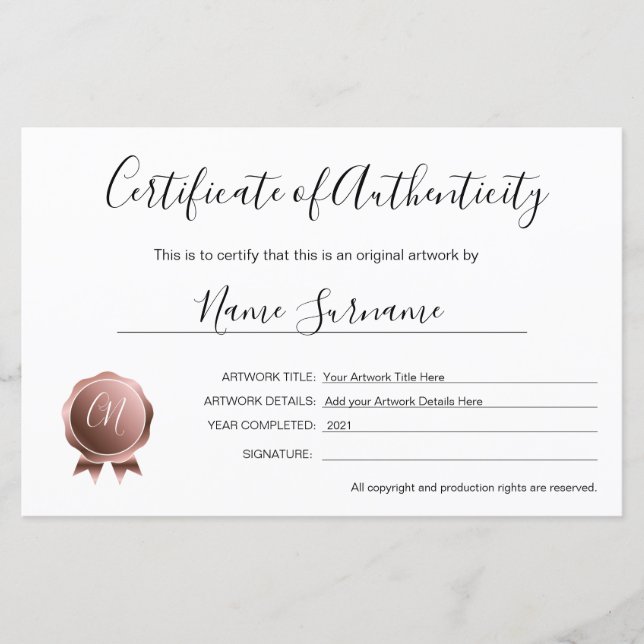 Certificat d'authenticité (Devant)