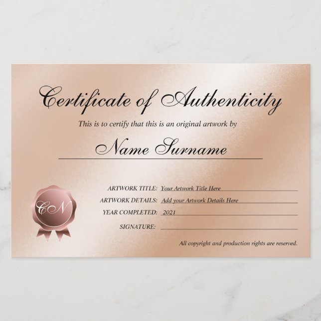 Certificat d'authenticité (Devant)