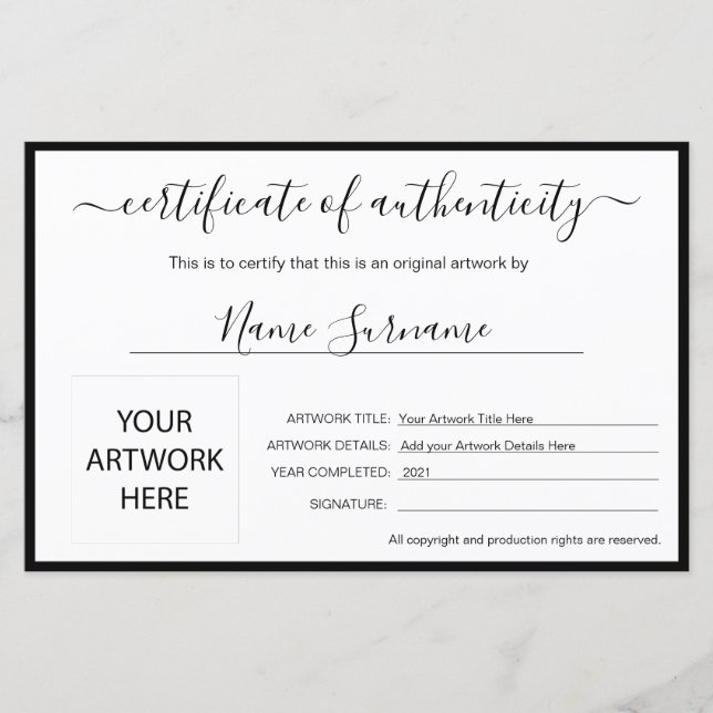 Certificat d'authenticité (Devant)
