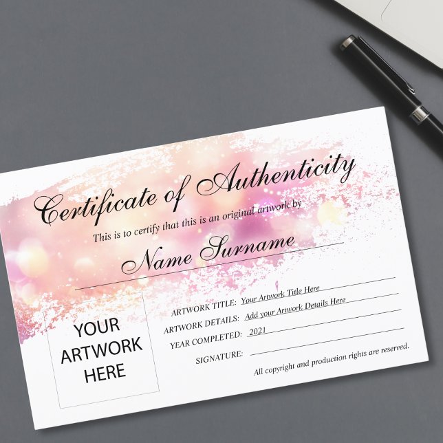 Certificat d'authenticité (modern blush art brush stroke certificate of authenticity for your artwork)