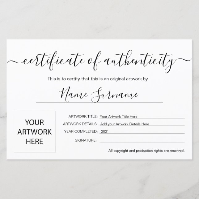 Certificat d'authenticité (Devant)