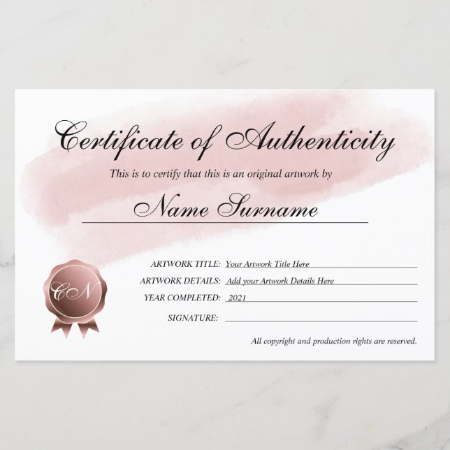 Certificat d'authenticité (Devant)