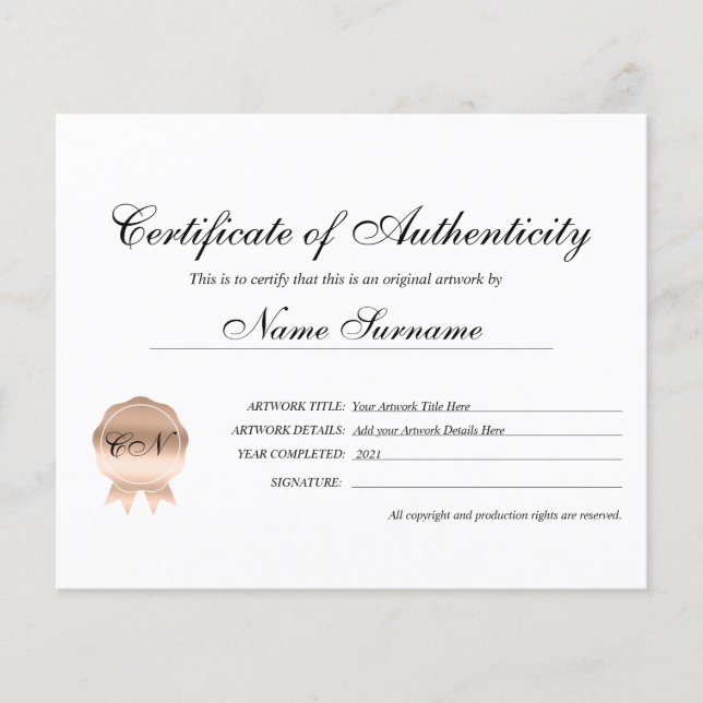 Certificat d'authenticité (Devant)