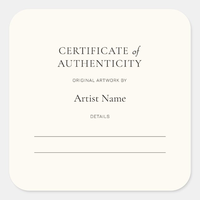 Certificat d'authenticité ivoire pour Sticker Art (Devant)