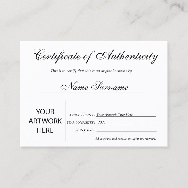 Certificat d'authenticité oeuvre par Ajouter un lo (Devant)