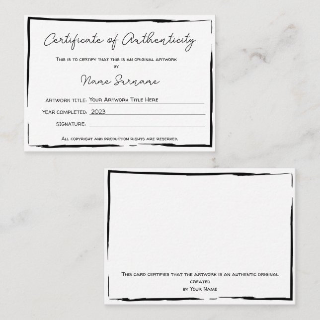 Certificat d'authenticité oeuvre par Ajouter un lo (Devant / Derrière)