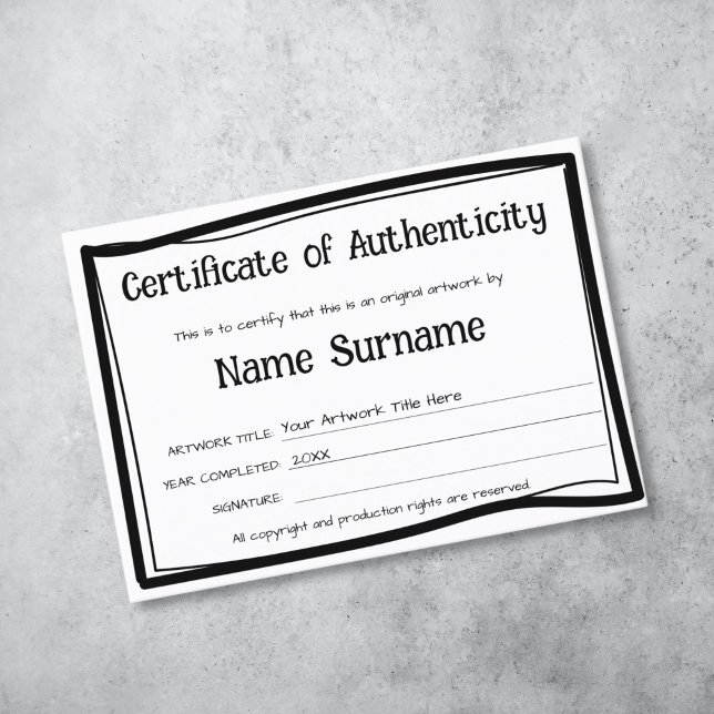 Certificat d'authenticité oeuvre par Ajouter un lo (simple modern black and white authenticity certificate)