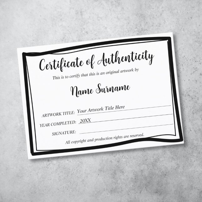 Certificat d'authenticité oeuvre par Ajouter un lo (simple modern black and white authenticity certificate)