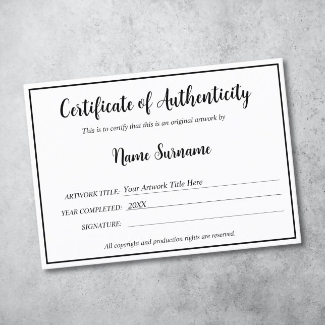 Certificat d'authenticité oeuvre par Ajouter un lo (simple black and white authenticity certificate)