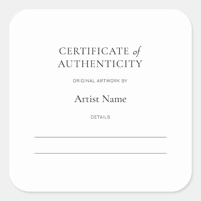 Certificat d'authenticité pour Sticker Art (Devant)
