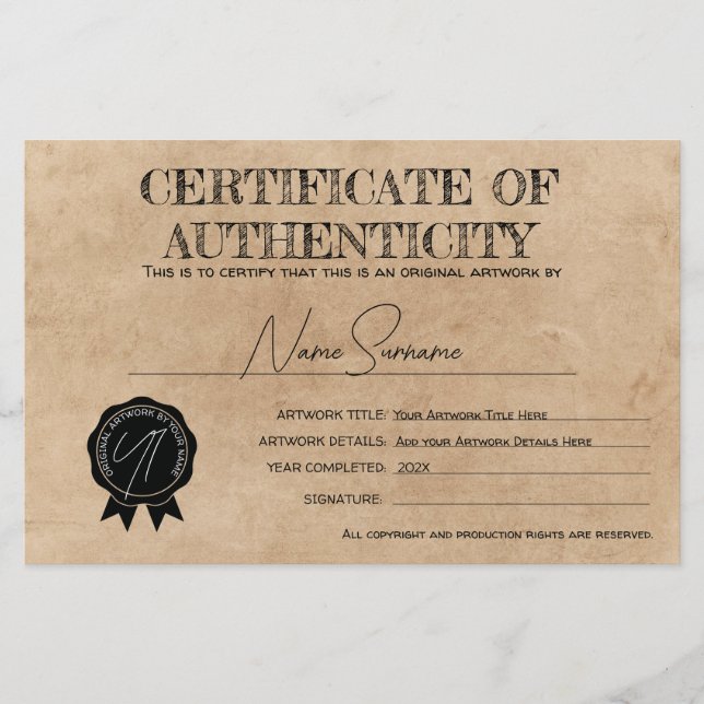 Certificat d'authenticité simple fait main (Devant)