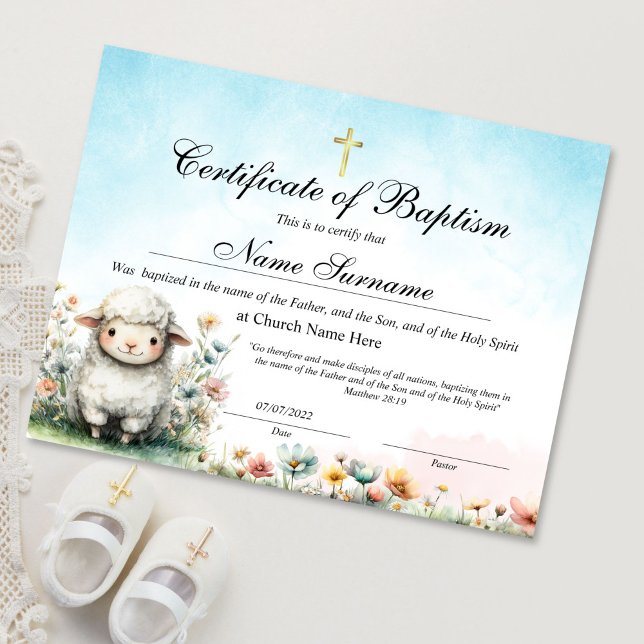 Certificat de baptême d'agneau, Dédicace de bébé (certificate of baptism with cute lamb illustration)
