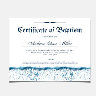 Certificat de baptême d'eau bébé baptême