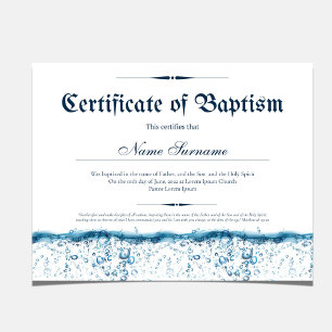 Certificat de baptême d'eau bébé baptême
