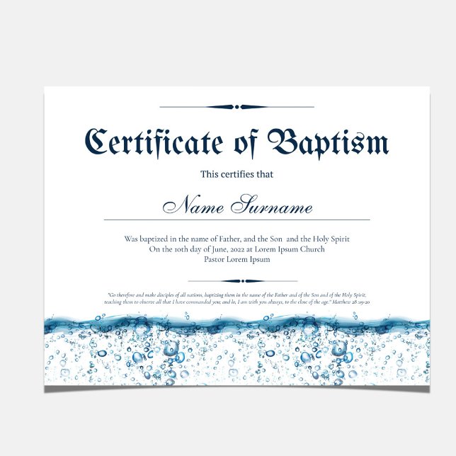 Certificat de baptême d'eau bébé baptême (Certificate of Baptism Water Baby Christening)