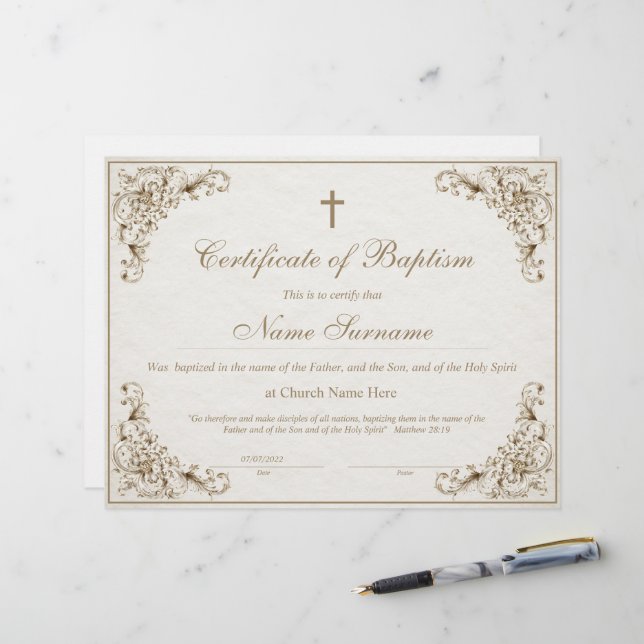 Certificat de baptême, dédicace de bébé (Devant/Arrière en situation)