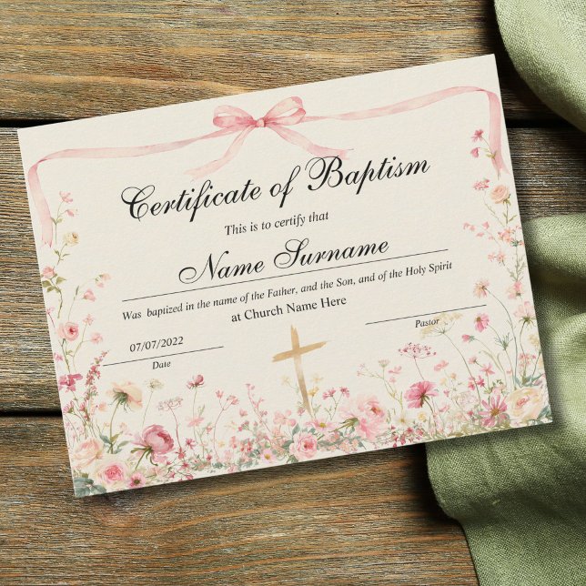 Certificat de baptême, dédicace de bébé (Certificate of Baptism, Baby Dedication for girls with a pink watercolor bow and meadow flowers)