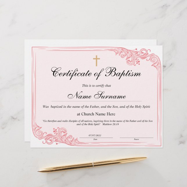 Certificat de baptême, Dédication pour bébés (Devant/Arrière en situation)