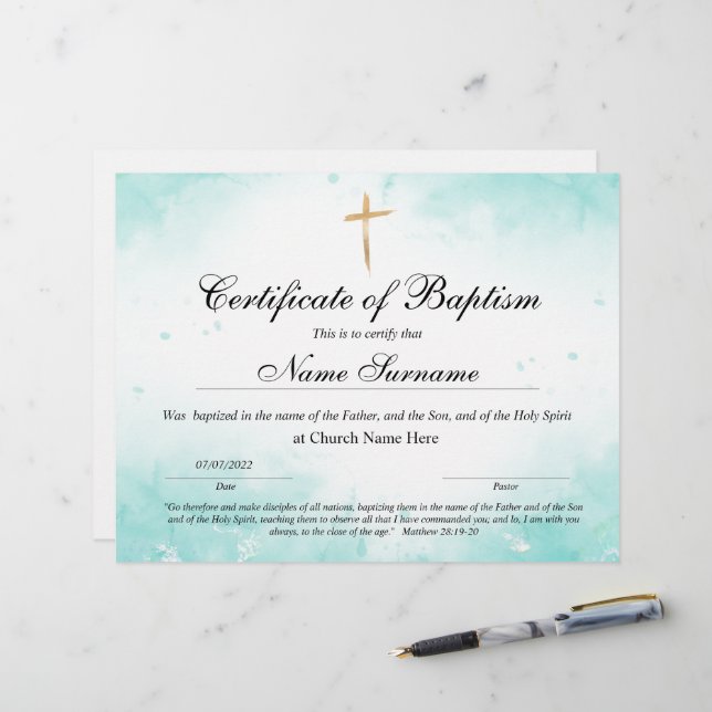 Certificat de baptême, Dédication pour bébés (Devant/Arrière en situation)