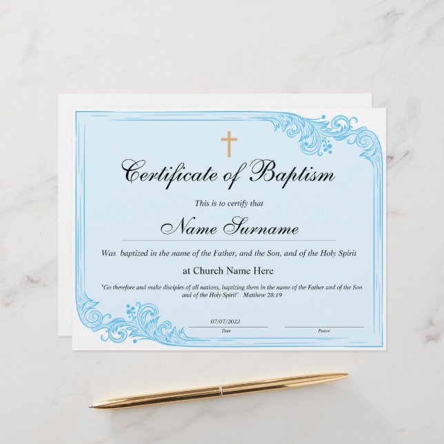 Certificat de baptême, Dédication pour bébés (Devant/Arrière en situation)