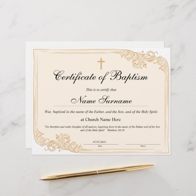 Certificat de baptême, Dédication pour bébés (Devant/Arrière en situation)