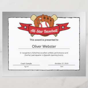 Certificat de base-ball All-Star du joueur de base