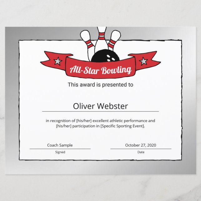 Certificat de bowling All-Star Bowling Player Awar (Devant)