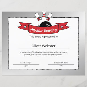 Certificat de bowling All-Star Bowling Player Awar