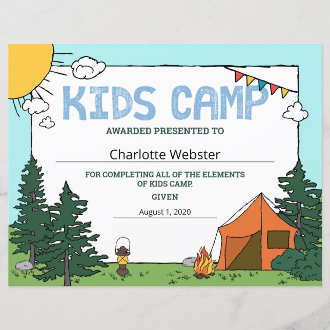 Certificat de camp d'été pour enfants Certificat d (Devant)