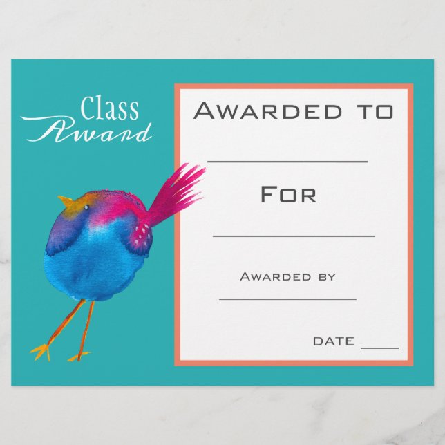 Certificat de classe adorable oiseau bleu enfants  (Devant)