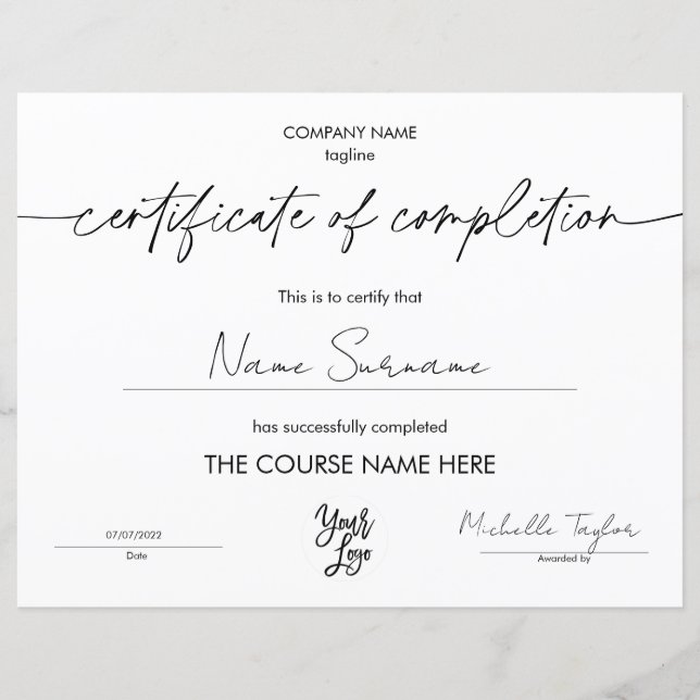 Certificat de Completion Simple Moderne Ajouter Lo (Devant)
