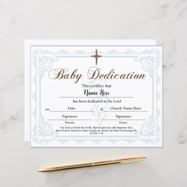 Certificat de dédicace pour bébé Blue Boy (Devant/Arrière en situation)