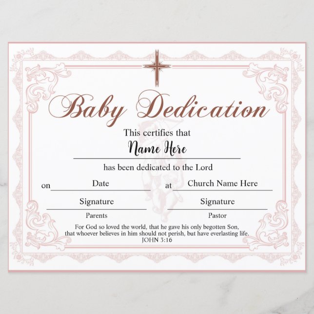 Certificat de dédicace pour bébé Fille rose (Devant)