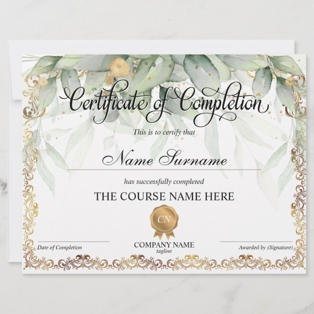 Certificat de fin de cours (Devant)