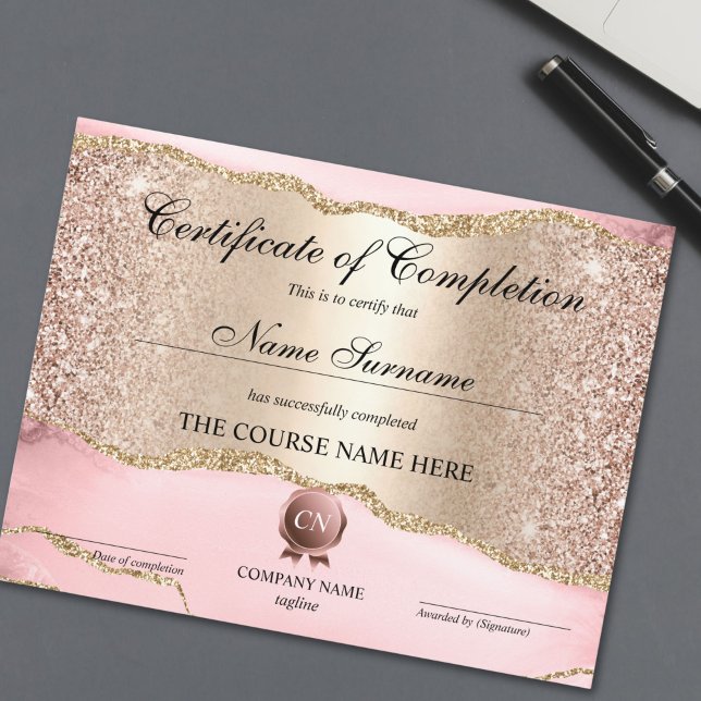 Certificat de fin de cours (rose gold and gold blush pink agate certificate of completion)