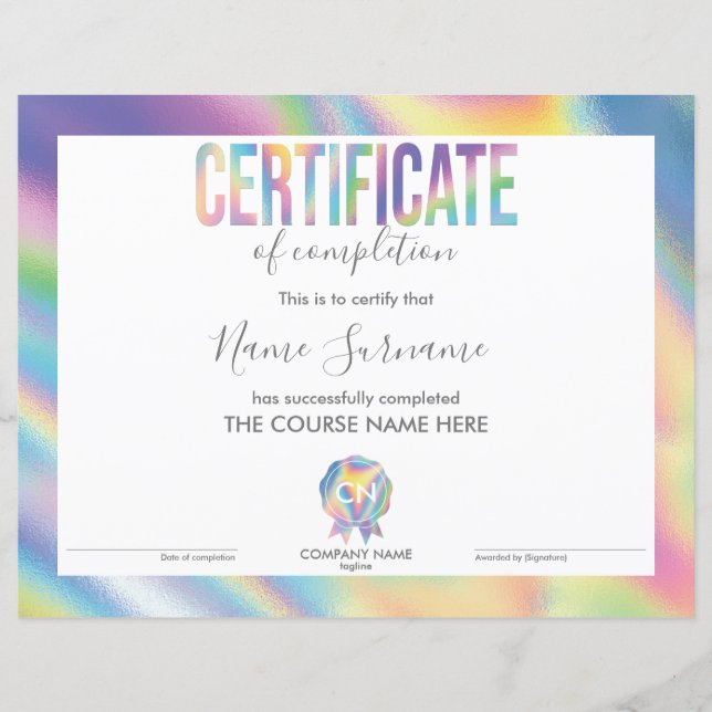 Certificat de fin de cours (Devant)