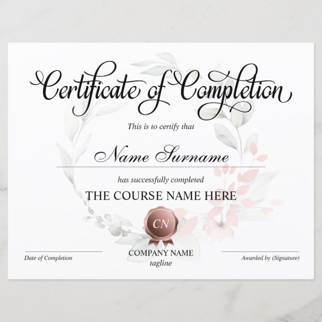 Certificat de fin de cours (Devant)