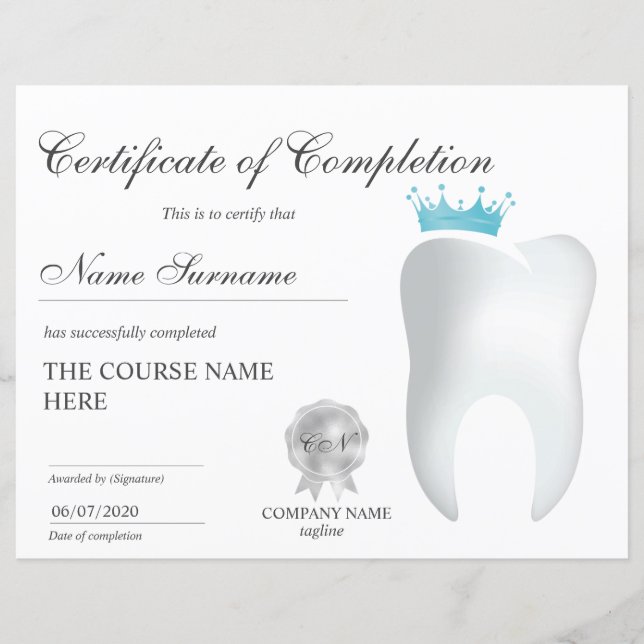 Certificat de fin de cours de blanchiment des dent (Devant)
