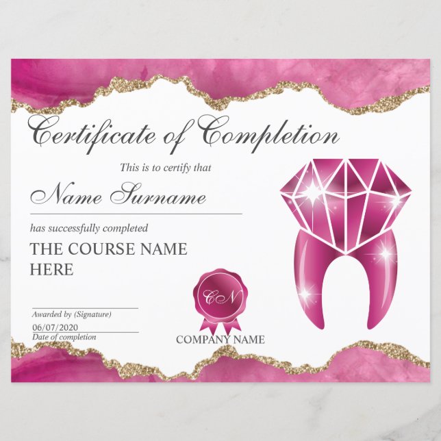 Certificat de fin de cours de Blanchiment des Dent (Devant)