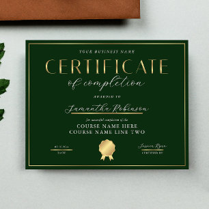 Certificat de fin de formation Badge Vert et Or