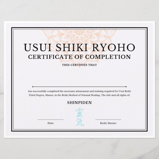 Certificat de fin de mandat de Reiki (SHINPIDEN) (Devant)