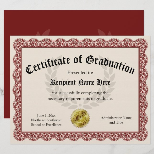 Certificat de fin d'études Rouge Personnalisable 2 (Devant / Derrière)