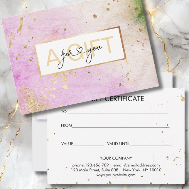 CERTIFICAT DE GESTION DU POISON | Watercolour (Modern, Watercolor gift voucher, pink, green, gold (no foil). Just edit it with your name/data. )