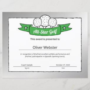 Certificat de golf All-Star Golf Player Award