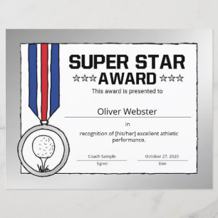 Certificat de golf Super Star Golf Player Award